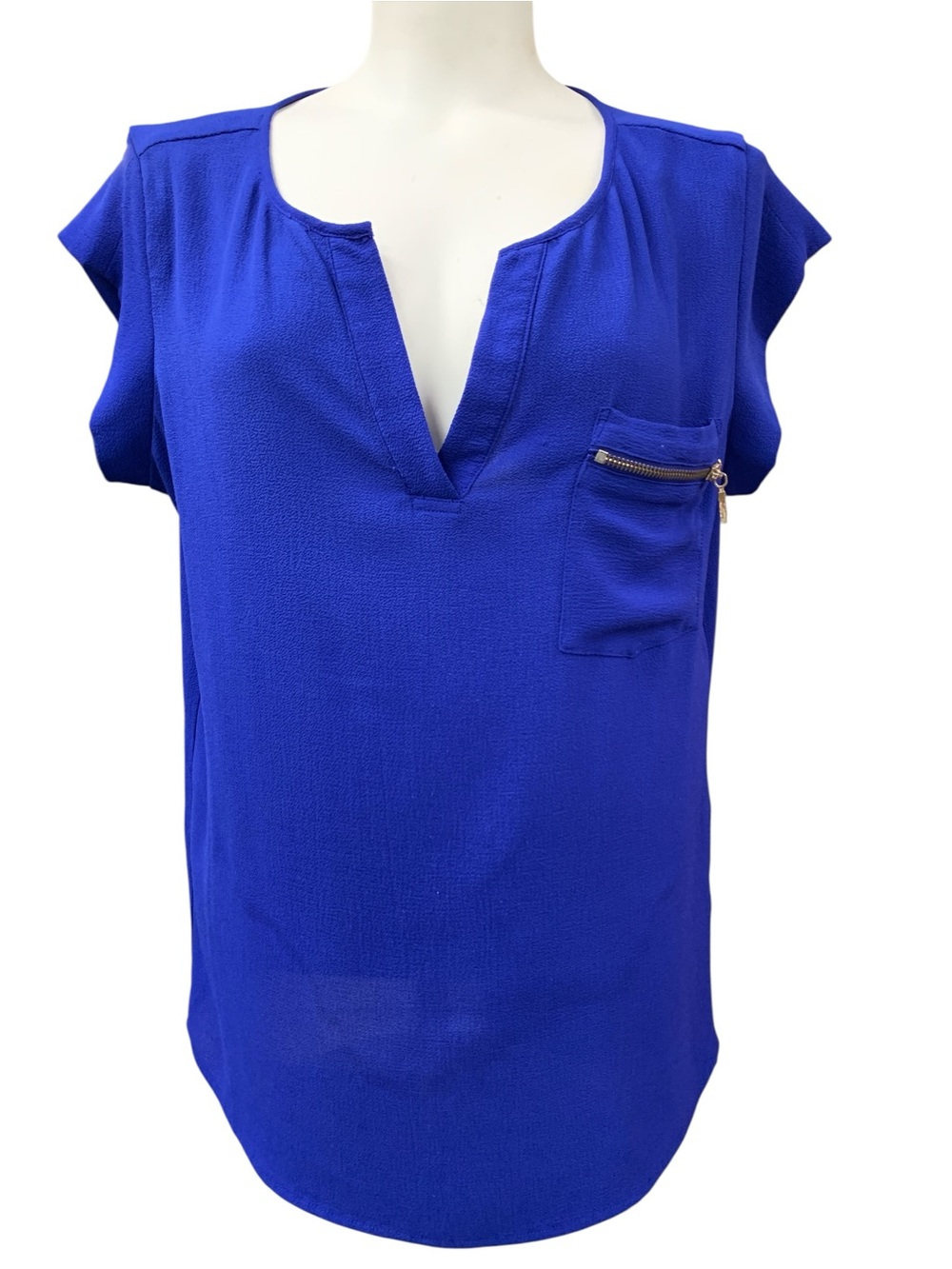 Milano Royal Blue Split V-Neck Short Sleeve Blouse Size M